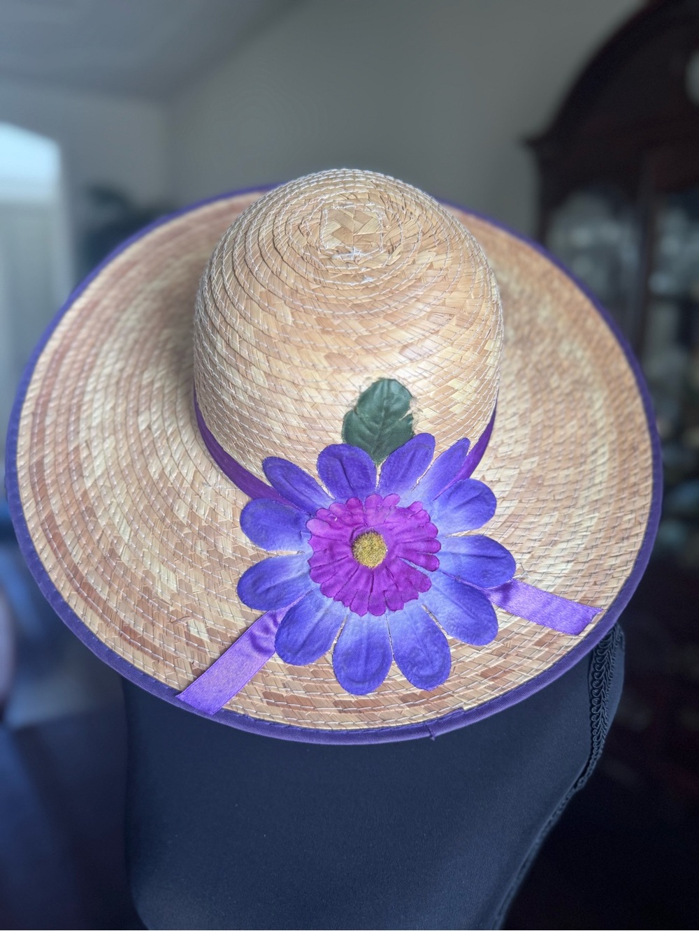 Straw Sun Hat with Purple Flower